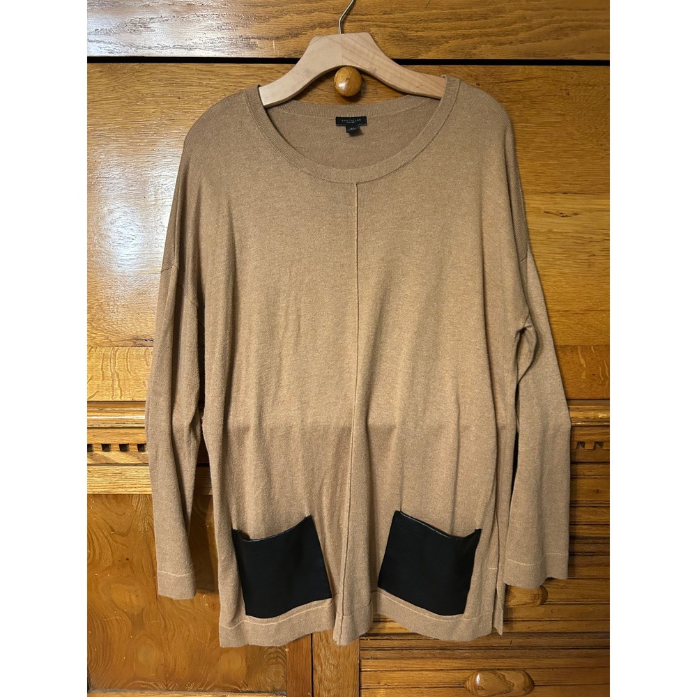 Ann Taylor Classic Chic Camel Tan Tunic Sweater Faux Leather Pockets Oversized